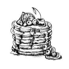 a stack of pancakes with cherries and orange slices on top, drawn by hand