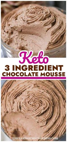 keto chocolate mousse in a glass bowl with text overlay that reads 3 ingredient chocolate mousse