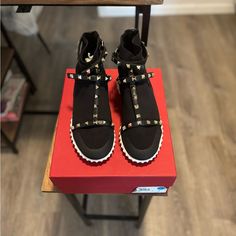 I’ve Only Worn These 3x. In Great Condition. Black Studded Sock Sneakers From Valentino. Size 37.5.. The Studded Strap Does Run Small Around The Ankle. Valentino High Top Sneakers, Valentino Rock Studs, Body Tech, Sock Sneakers, Valentino Black, Valentino Shoes, Womens Shoes Sneakers, High Tops, Shoes Sneakers