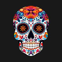 a colorful sugar skull on a black background