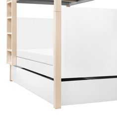 a white bunk bed with two drawers and an open shelf on the bottom level, against a white background