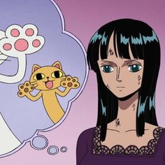 a woman with long black hair standing in front of a cartoon character holding a cat