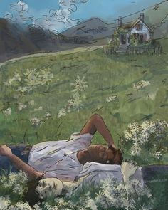 a painting of a woman laying on the ground in a field with flowers and a house behind her