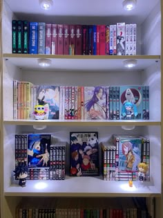 the shelves are filled with many anime books