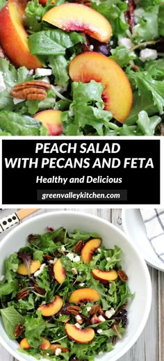 peach salad with pecans and feta in a white bowl on a wooden table