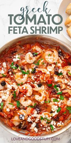 a close up of a pan of food with text overlay that reads greek tomato feta shrimp