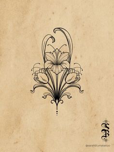 a drawing of flowers with swirls and scrolls on parchment paper, as well as the letter f