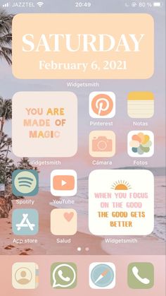 an iphone screen with icons on it and the text saturday, february 6, 2021