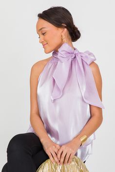 Glam Bow Halter Tank, Lavender - New Arrivals - The Blue Door Boutique Chic Party Satin Halter Top, Chic Satin Halter Top For Party, Elegant Party Tops With Bow Tie Back, Sleeveless Party Top With Bow, Sleeveless Bow Top For Party, Chic Party Top With Detachable Bow, Chic Party Tops With Detachable Bow, Summer Formal Satin Halter Top, Purple Halter Neck Top For Party