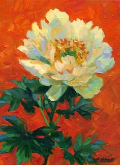 a painting of a white flower on an orange background