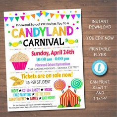 this is an image of a candyland carnival birthday party invitation with free printables