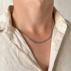 Make a statement with this striking Stainless Steel mens Figaro style chain. With its bold, masculine design, this chain is perfect for a night out or special occasion, adding a touch of elegance and sophistication to any outfit. ♡ Stainless Steel ♡ Water Resistant ♡ 50cm Length Neck Chain For Men, Mens Silver Chain Necklace, Chains Aesthetic, Boys Necklace, Mens Silver Jewelry, Masculine Design, Silver Chain For Men, Mens Silver Necklace, Mens Chain Necklace