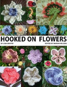 crocheted flowers are shown in many different colors and sizes, with the words hooked on