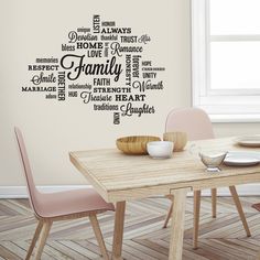 a dining room table with chairs and a wall decal