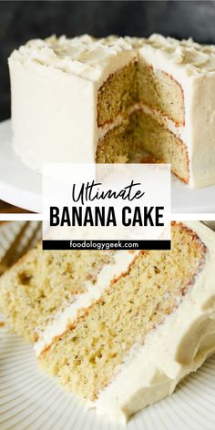 the ultimate banana cake with white frosting is cut in half and ready to be eaten