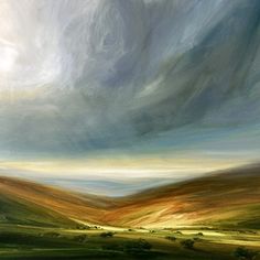 an abstract painting of green, yellow and brown hills with clouds in the sky over them