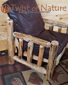 a chair made out of logs and leather