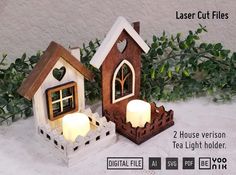 two house shaped tea light holders are shown with the text laser cut files below them