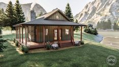 a small wooden cabin sitting on top of a lush green field next to a lake