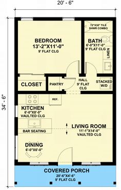 the floor plan for a two bedroom house with an attached bathroom and living room area