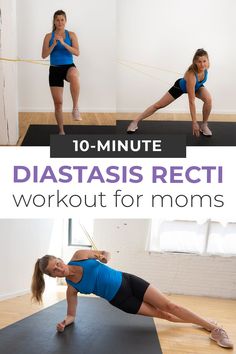 a woman doing exercises on a mat with the words 10 - minute diastasis rect workout for moms