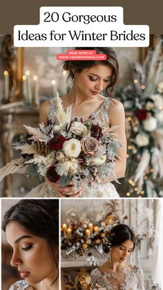 A stunning winter bride in an elegant dress holding a seasonal bouquet, surrounded by cozy decor and a stunning winter wonderland venue. Winter Wedding Dress Bride, Winter Solstice Wedding Ideas, Winter Woods Wedding, Winter Wedding Vibes, Winter Color Palette Wedding, Winter Wedding Decorations Wonderland, Winter Micro Wedding, Bride Looks Inspiration, All White Winter Wedding