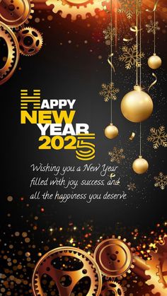 a happy new year greeting card with golden gears and snowflakes on a black background