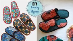 different types of slippers are shown in this collage with the words diy morning support