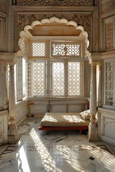 the sun shines through the windows in an ornately decorated room with white walls and flooring