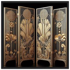 an intricately designed room divider in gold with flowers and circles on the sides