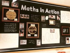 a blackboard with pictures and writing on it that says maths in action,