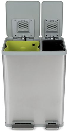 an open trash can with two bins on the front and one in the back