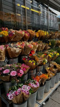 many different types of flowers are on display in front of a store window with brown paper bags