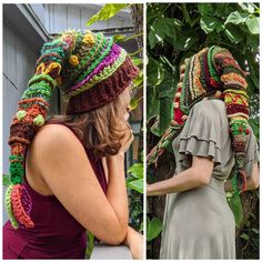 two pictures of a woman wearing crocheted hats and scarves, one is looking at the other