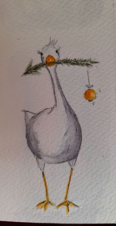 a drawing of a bird with two oranges on its neck and one in the other's beak