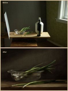 three different shots of flowers in a glass bowl and on a table with a bottle