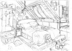 a drawing of a bed in a loft