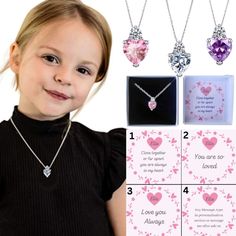 "These pretty  Silver plated heart necklaces create a perfect, personalised gift. The sparkling crystals will catch the light,  plus the choice of chain length means you're sure to find the perfect fit. Whether you're looking for a birthday present or simply want to treat yourself or your own child, these necklaces are sure to delight.  14\" chains fit ages 3-7 16\" chains fit 7- petite adult 18\" chains standard adult length Packaged with love and ready to give as a gift to your loved one Choose your gift box message from the options (Option 4 is your own message, simply add this to the personalisation section or message me after sale) About JennyWren Jewellery for Children & Adults Made with Love When my daughter wanted to start wearing her own jewellery she was not impressed by the desi Heart Jewellery, Heart Necklaces, Personalised Jewellery, A Birthday Present, Necklace Love, Jewellery Gifts, Childrens Jewelry, Girls Necklaces, Jewellery Gift