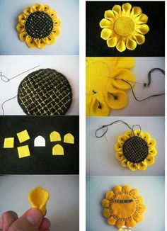 the process of making sunflowers out of felt is shown in four different stages