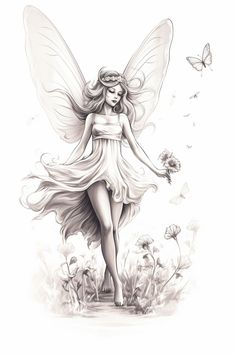 a drawing of a fairy with flowers in her hand and butterflies around her body,