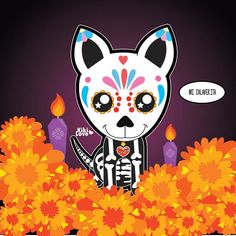 a cartoon cat with day of the dead makeup and candles in front of flowers on a dark background