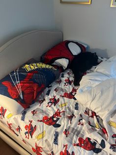 a black cat laying on top of a bed covered in spiderman sheets