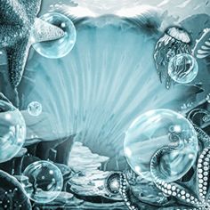 an underwater scene with bubbles and sea animals