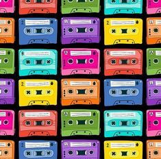 colorful cassette tapes are arranged in rows on a black background, with different colors and sizes