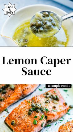 lemon caper sauce in a white bowl with salmon