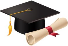 a graduation cap and tassel with a red ribbon on it, sitting next to a diploma