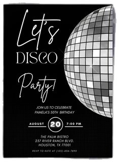 a disco ball birthday party card with the words let's disco party on it