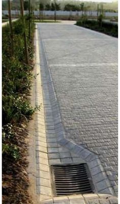 a manhole cover on the side of a road with trees and bushes in the background