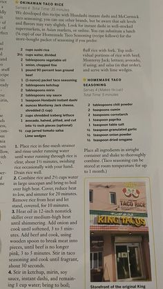 the menu for king tacos is shown in english and thai writing, along with instructions on how to make it