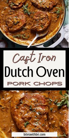 an iron dutch oven with pork chops and gravy